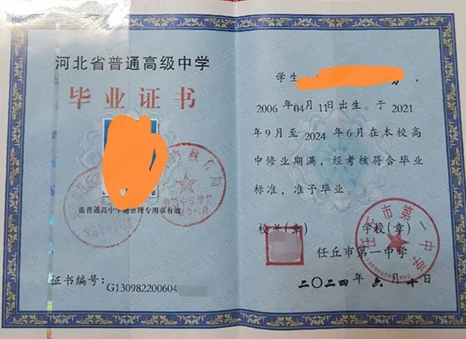 忠县任丘市第一中学高中毕业证样本图片